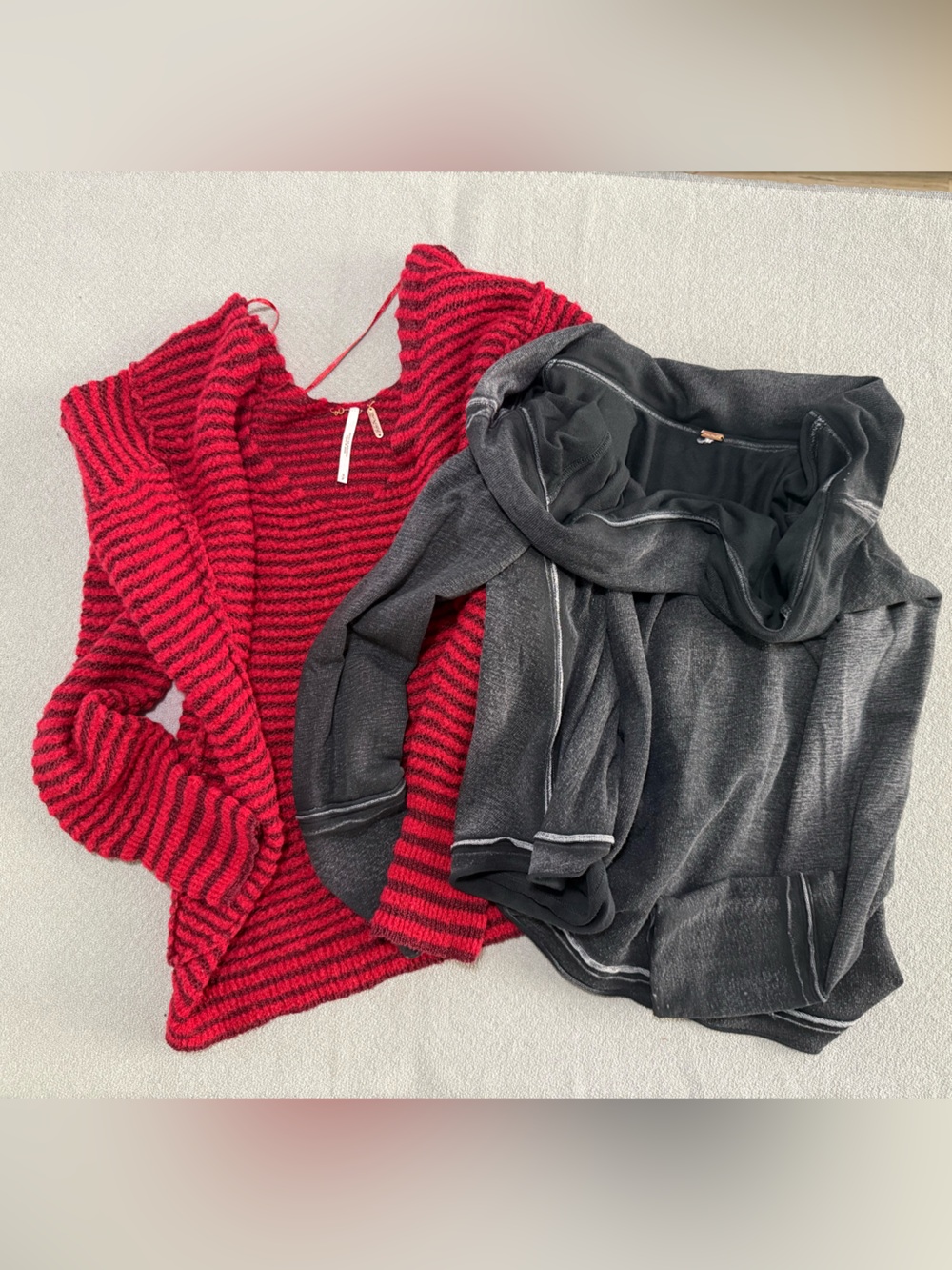Free People Bundle: Striped V-Neck Knit Sweater & Charcoal Off-Shoulder Top- S